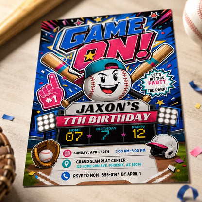 Baseball 7th Birthday Invitation for Boys — digital invitation, instant download