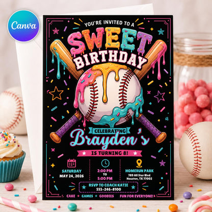 Baseball Birthday Invitation — editable Canva template