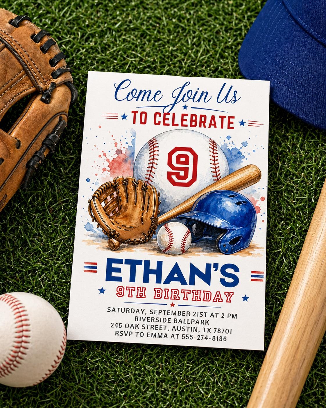 Baseball Equipment 9th Birthday Invitation — digital invitation, instant download