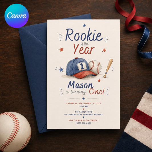 Baseball First Birthday Invitation for Boys — editable Canva template