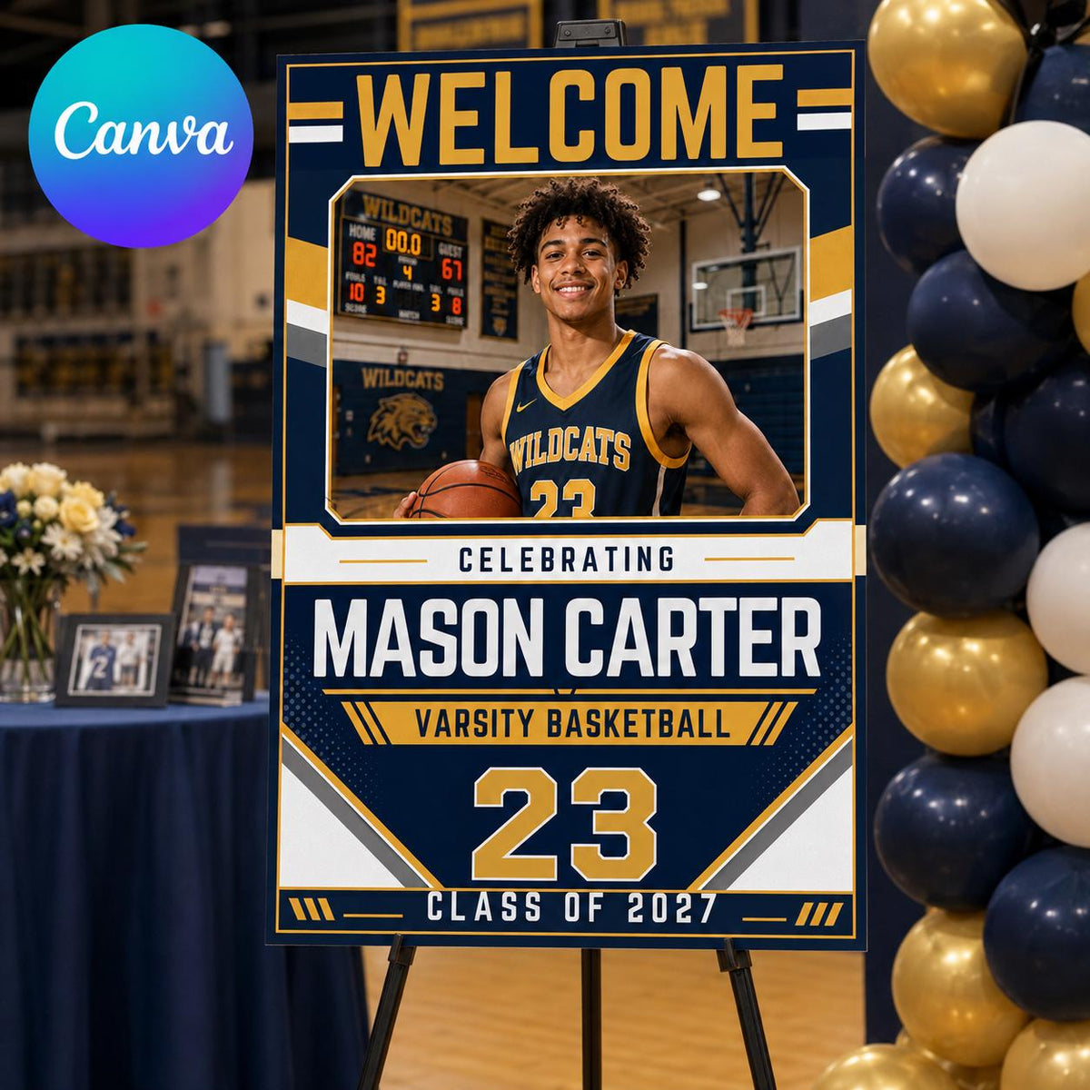 Basketball Graduation Welcome Sign — editable Canva template