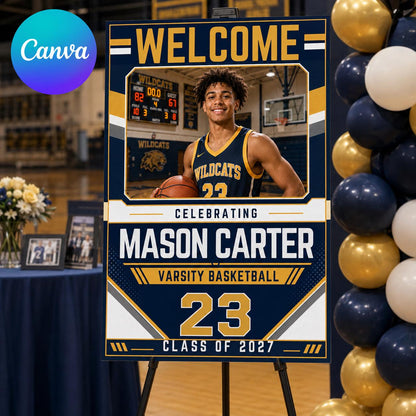 Basketball Graduation Welcome Sign — editable Canva template