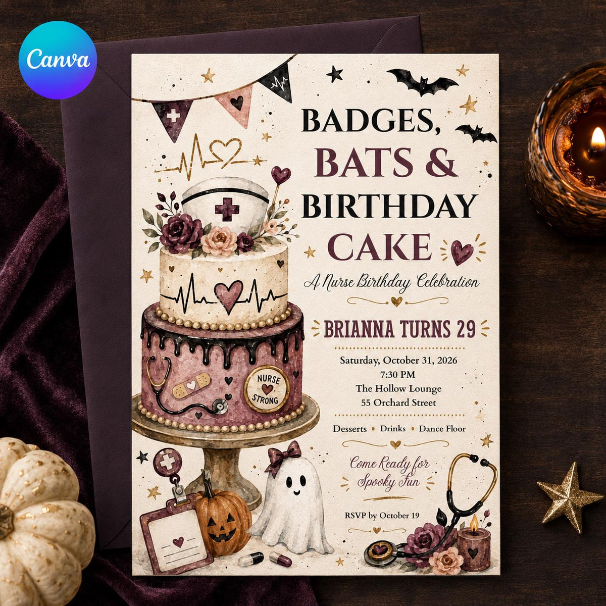Bat Nurse Halloween Birthday Invitation — editable Canva template