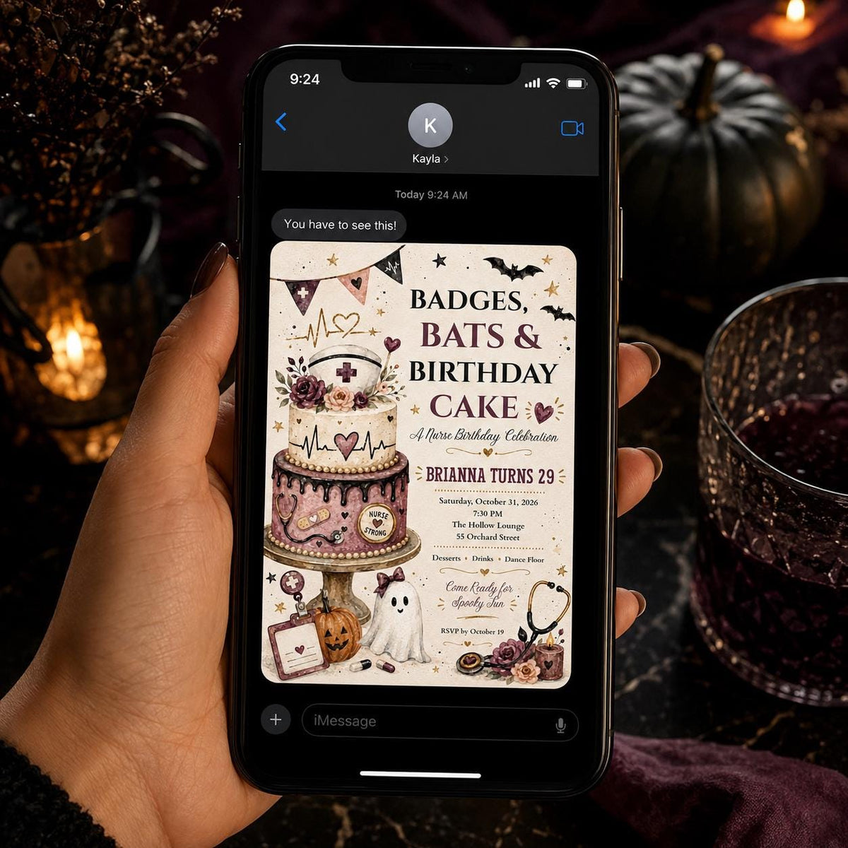 Bat Nurse Halloween Birthday Invitation — cake design