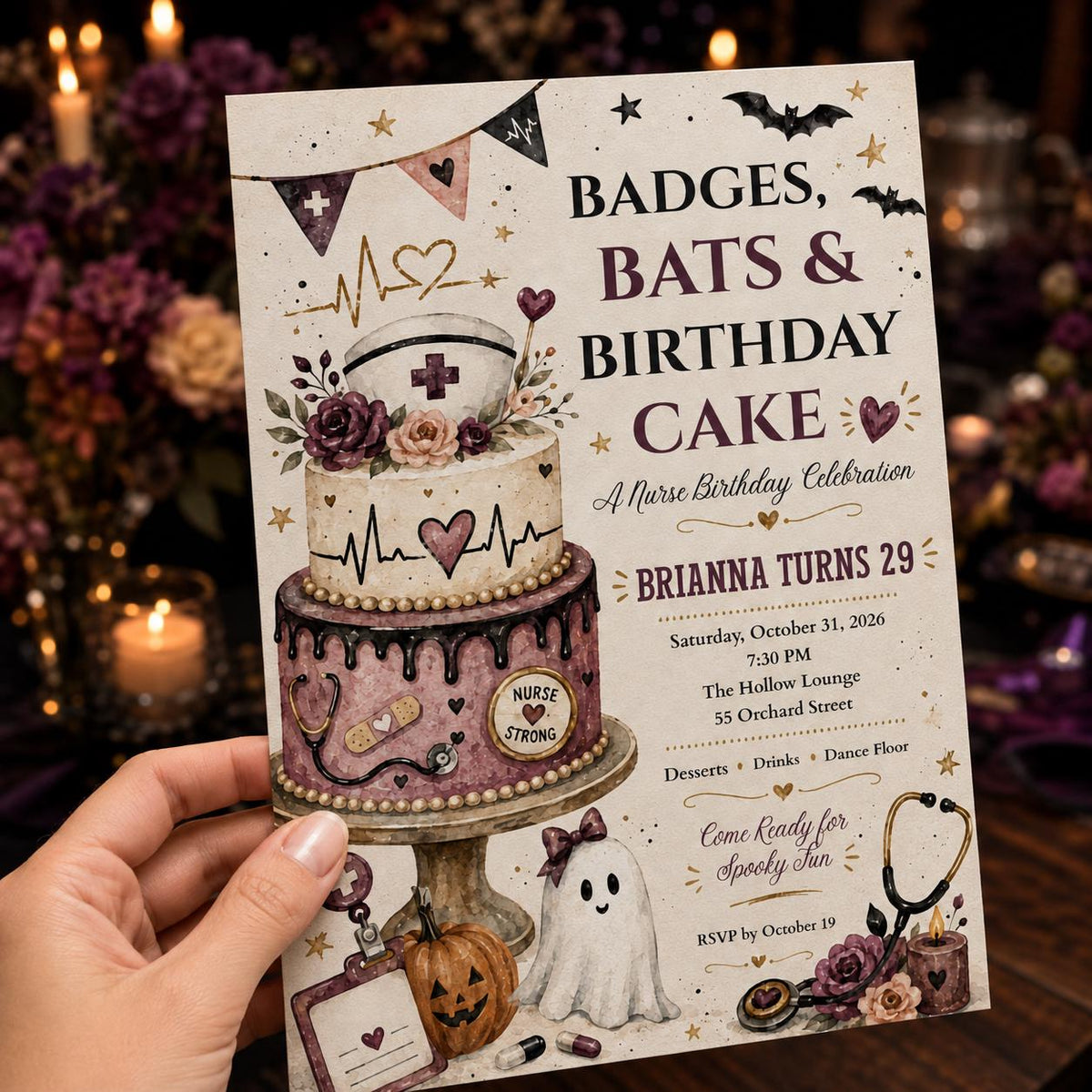 Bat Nurse Halloween Birthday Invitation — invitation you personalize in Canva