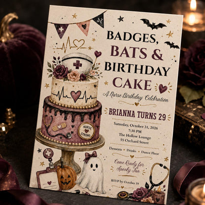 Bat Nurse Halloween Birthday Invitation — digital invitation, instant download