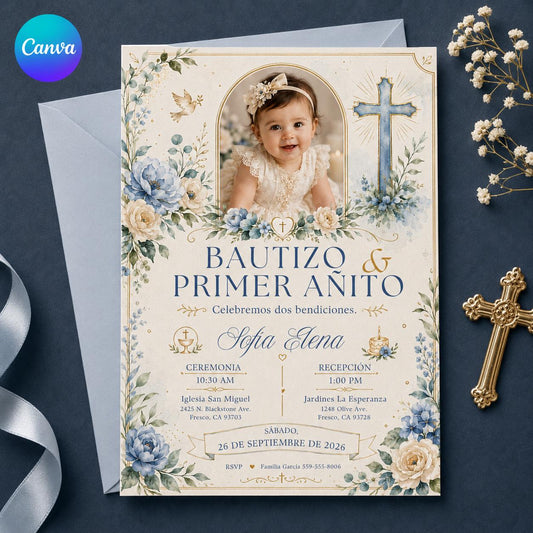 Bautizo y Primer Añito Invitation — editable Canva template