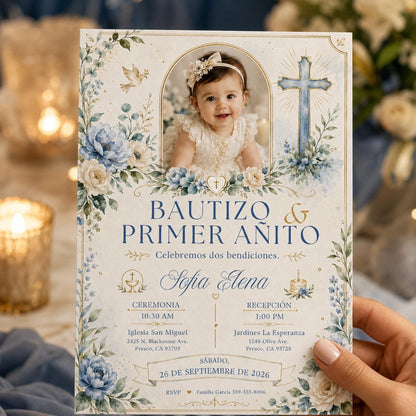 Bautizo y Primer Añito Invitation — print-ready baptism design from VoltBy
