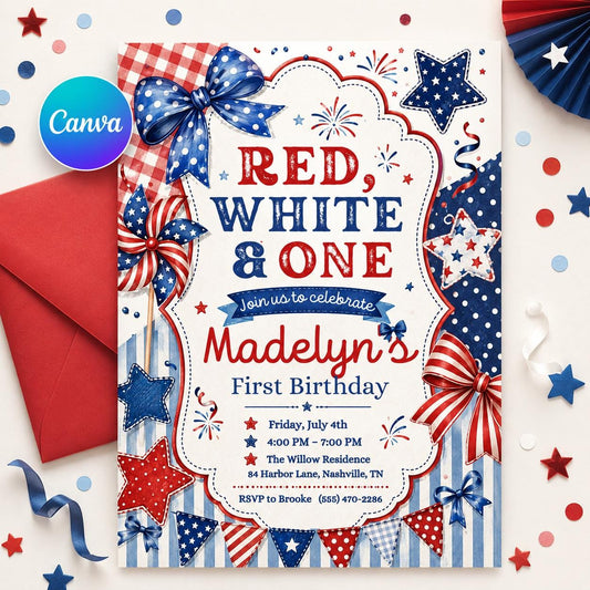 Red White and One Birthday Invitation, 4th Of July Red White & One 1st Birthday Invitation: Independence Day Party, Editable Canva Template