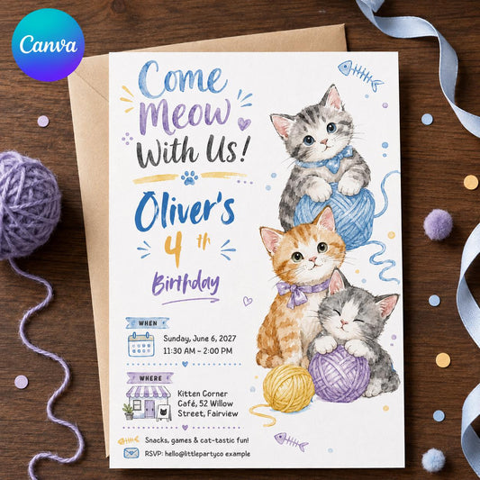 Cat Birthday Invitation – Come Meow With Us Kitten Party – Watercolor 4th Birthday