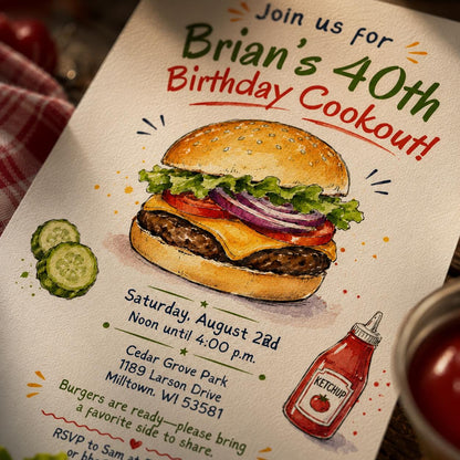 BBQ 40th Birthday Cookout Invitation: Backyard BBQ Burger Party — invitation you personalize in Canva