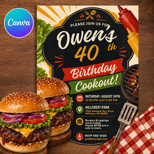 BBQ 40th Birthday Cookout Invitation: Backyard BBQ Grill Party — editable Canva template