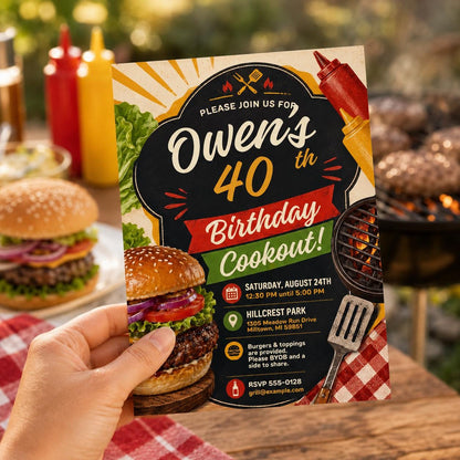 BBQ 40th Birthday Cookout Invitation: Backyard BBQ Grill Party — invitation you personalize in Canva