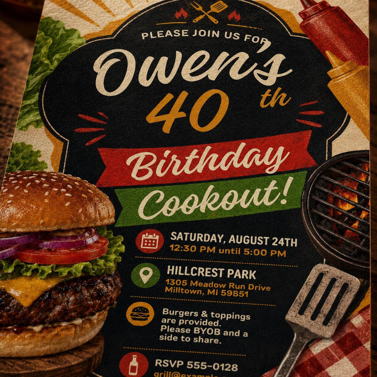 BBQ 40th Birthday Cookout Invitation: Backyard BBQ Grill Party — digital invitation, instant download
