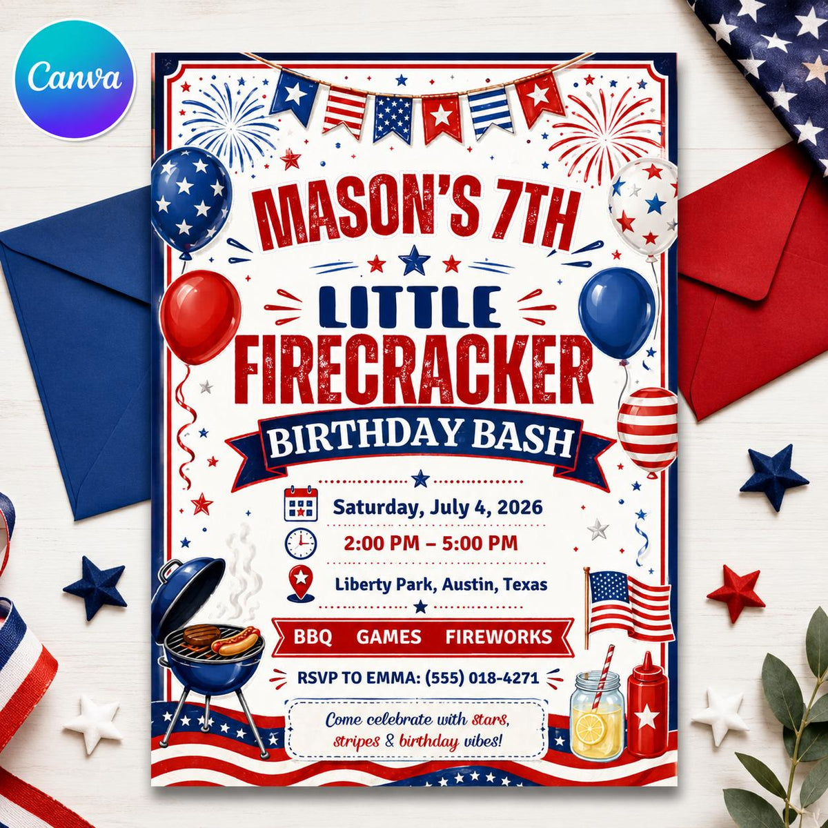 BBQ 4th of July Birthday Invitation — editable Canva template
