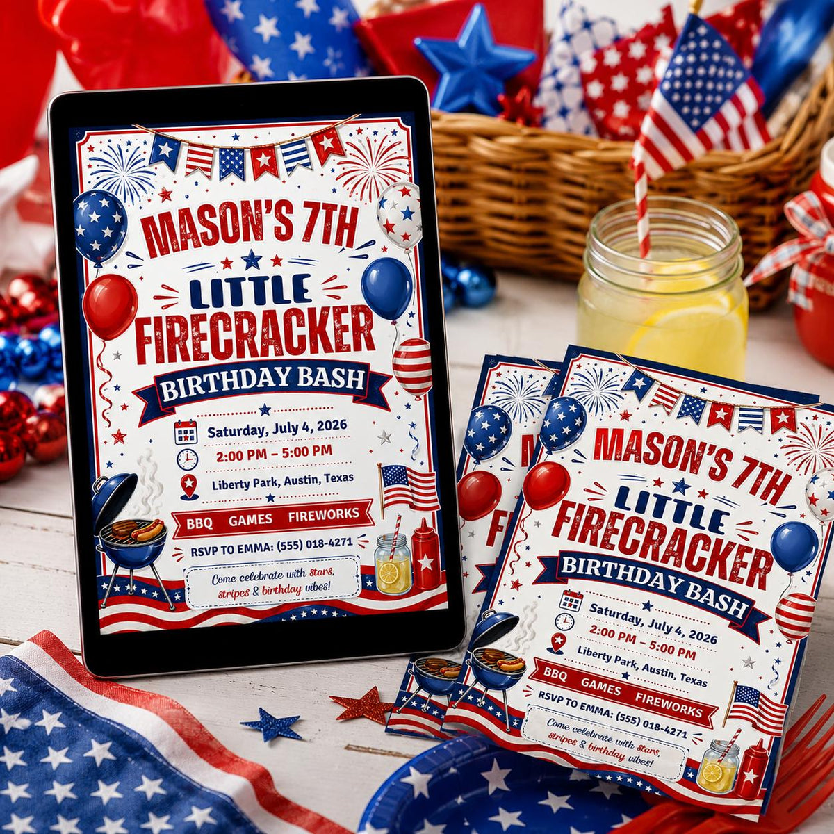 BBQ 4th of July Birthday Invitation — print-ready birthday party design from VoltBy