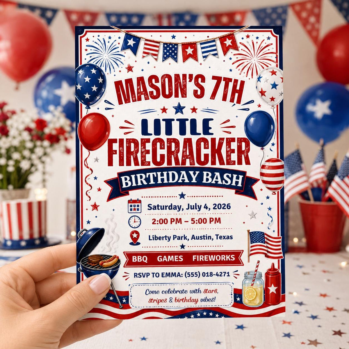 BBQ 4th of July Birthday Invitation — digital invitation, instant download