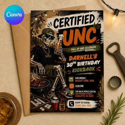 BBQ Certified Unc 30th Birthday Invitation — editable Canva template