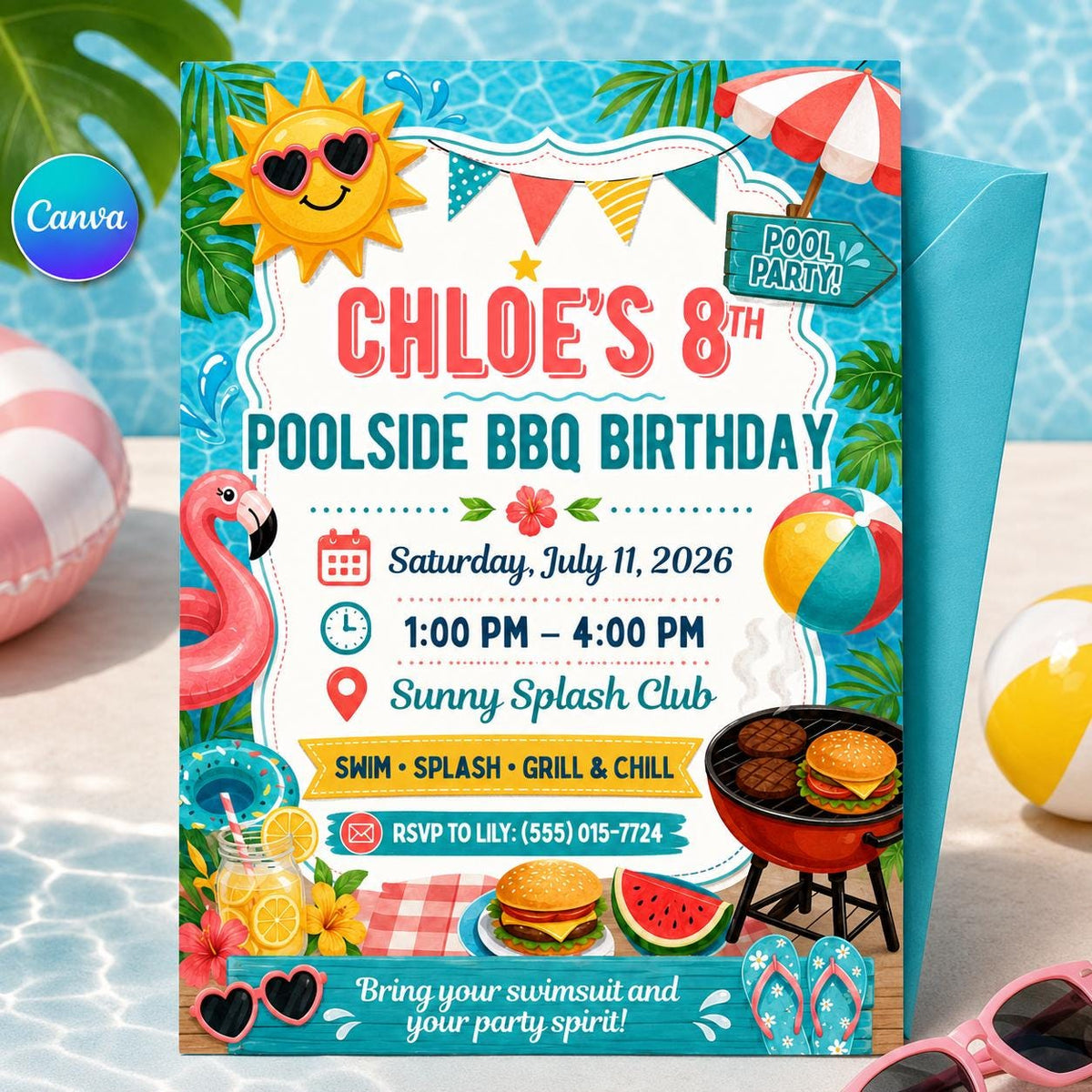 BBQ Pool Party Birthday Invitation — editable Canva template