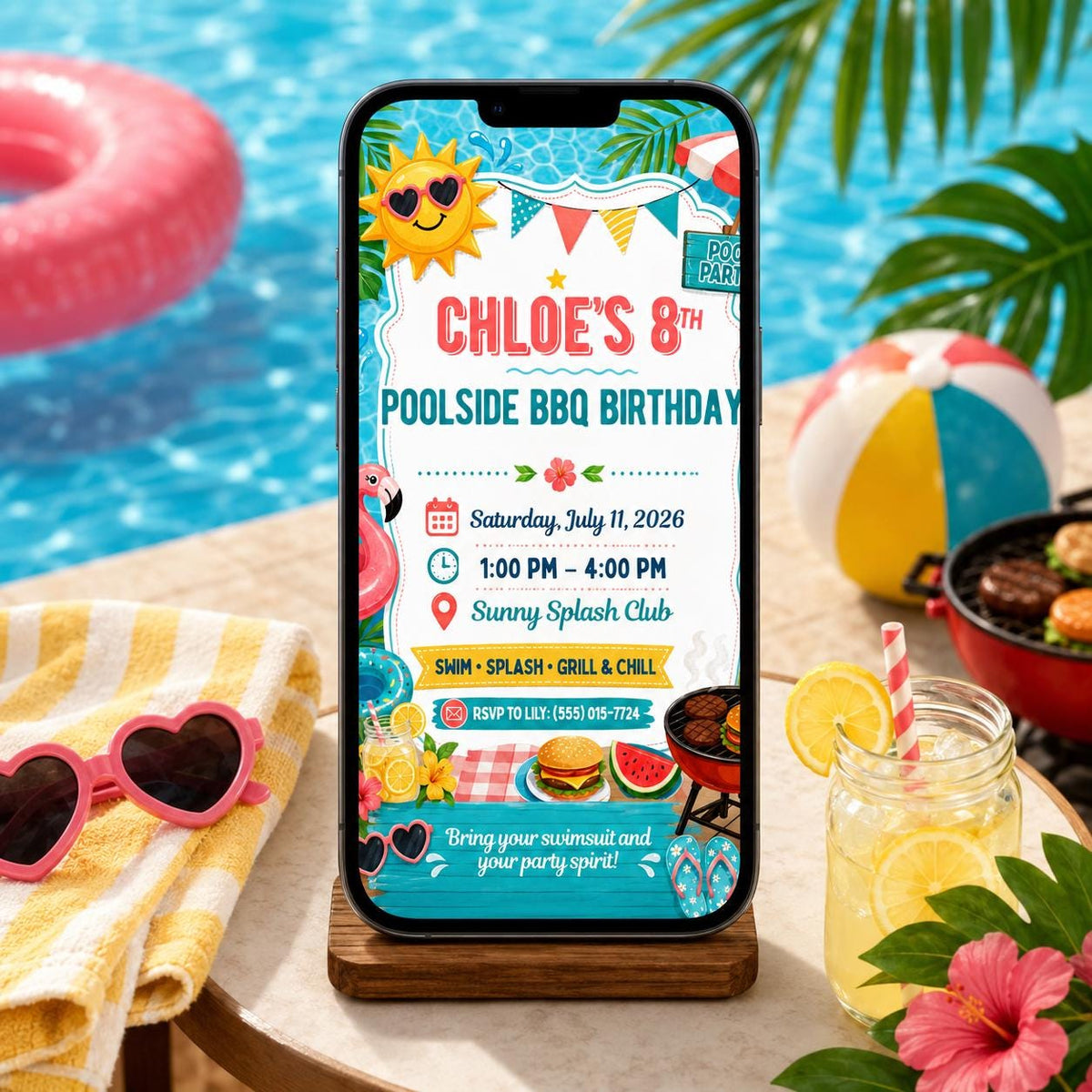 BBQ Pool Party Birthday Invitation — invitation you personalize in Canva