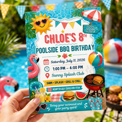 BBQ Pool Party Birthday Invitation — print-ready birthday party design from VoltBy
