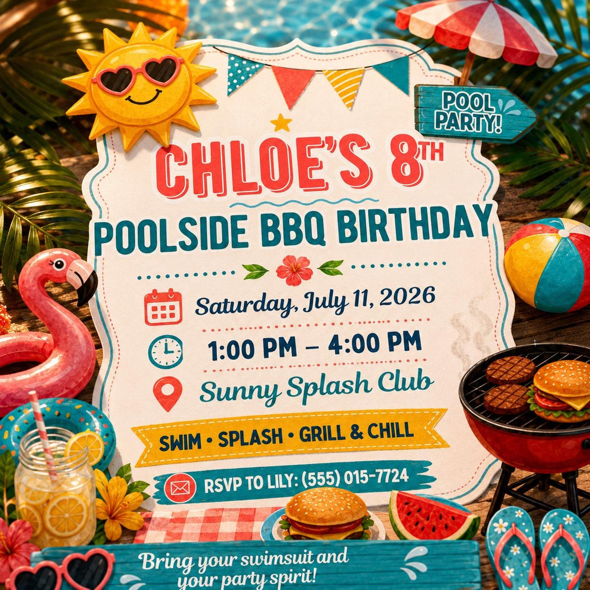 BBQ Pool Party Birthday Invitation — digital invitation, instant download