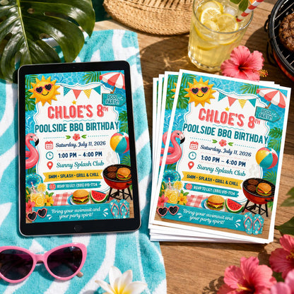 BBQ Pool Party Birthday Invitation — birthday party stationery by VoltBy