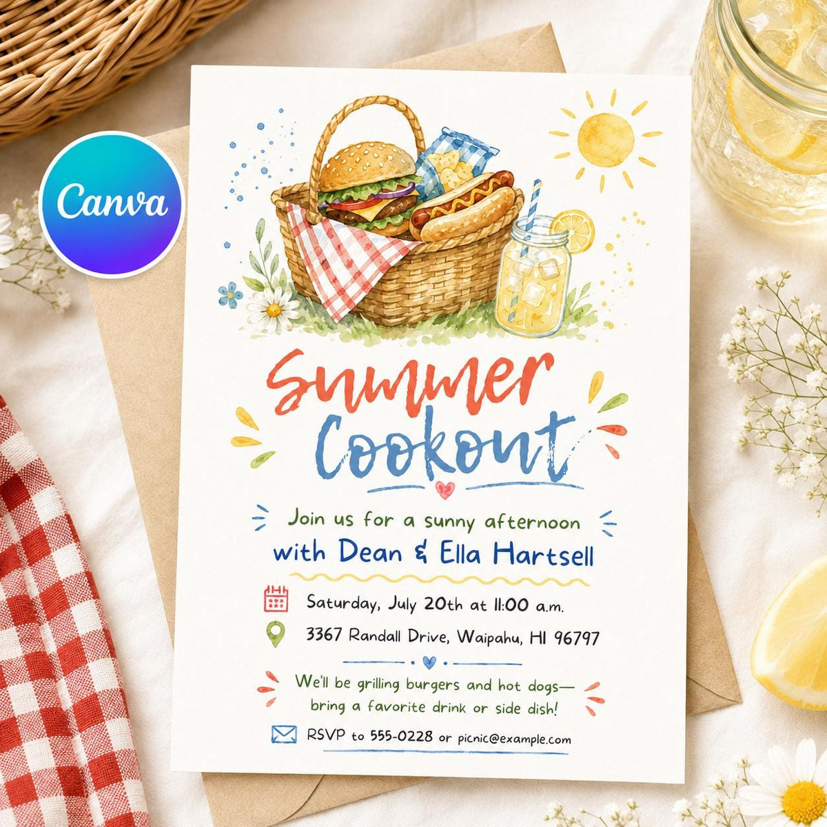 BBQ Summer Cookout Invitation: Backyard BBQ Picnic Party — editable Canva template