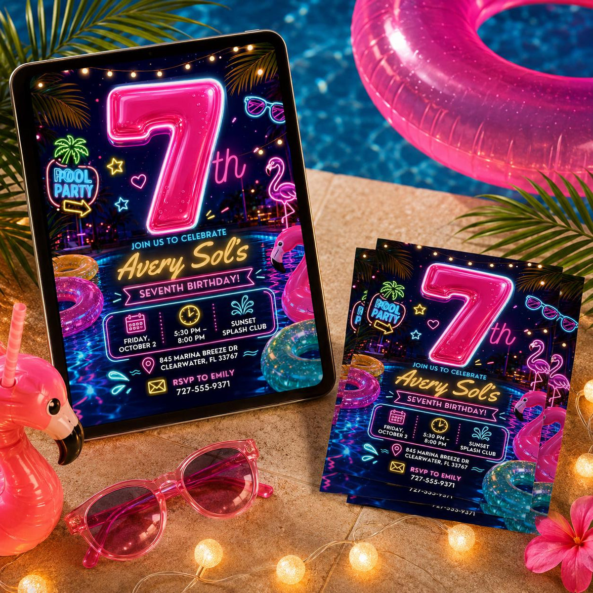 Neon Pool Party Invitation, 7th Birthday Glow Swim Invite, Flamingo Editable Printable Canva Template