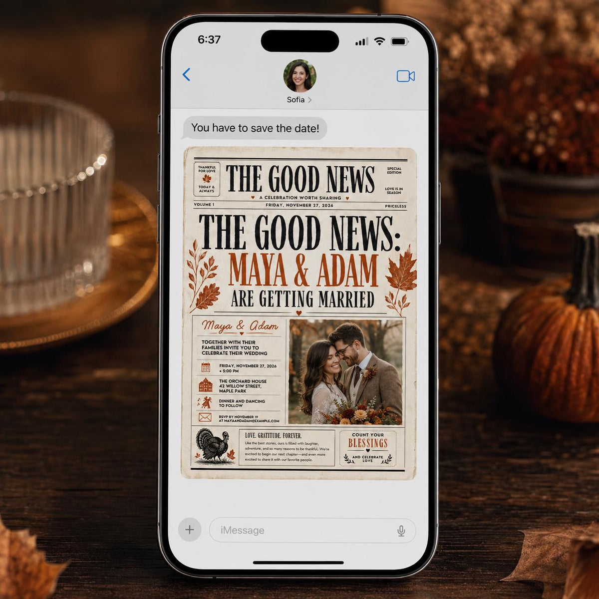 Newspaper Wedding Invitation – Fall Thanksgiving Wedding Announcement – Vintage Editorial