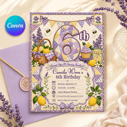 Lemon 6th Birthday Invitation – Girl Lemonade Lavender Invite – Quilted Cottagecore