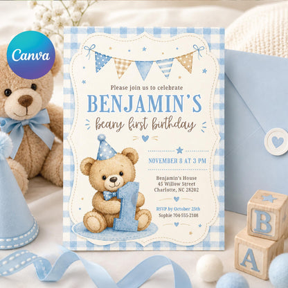 Beary First Birthday Invitation with Blue Gingham Border — editable Canva template