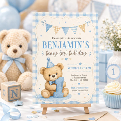 Beary First Birthday Invitation with Blue Gingham Border in cream