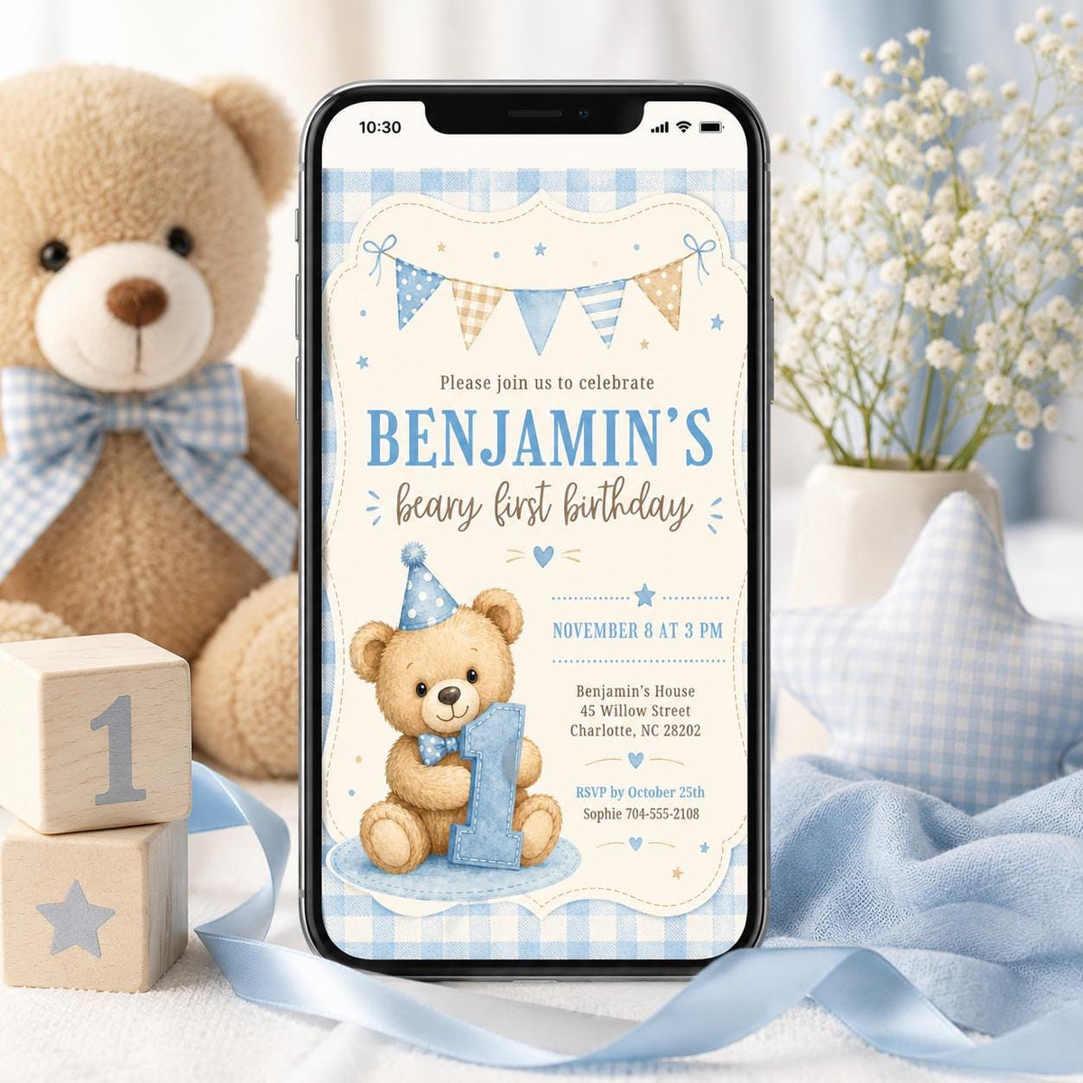 Beary First Birthday Invitation with Blue Gingham Border — teddy bear design