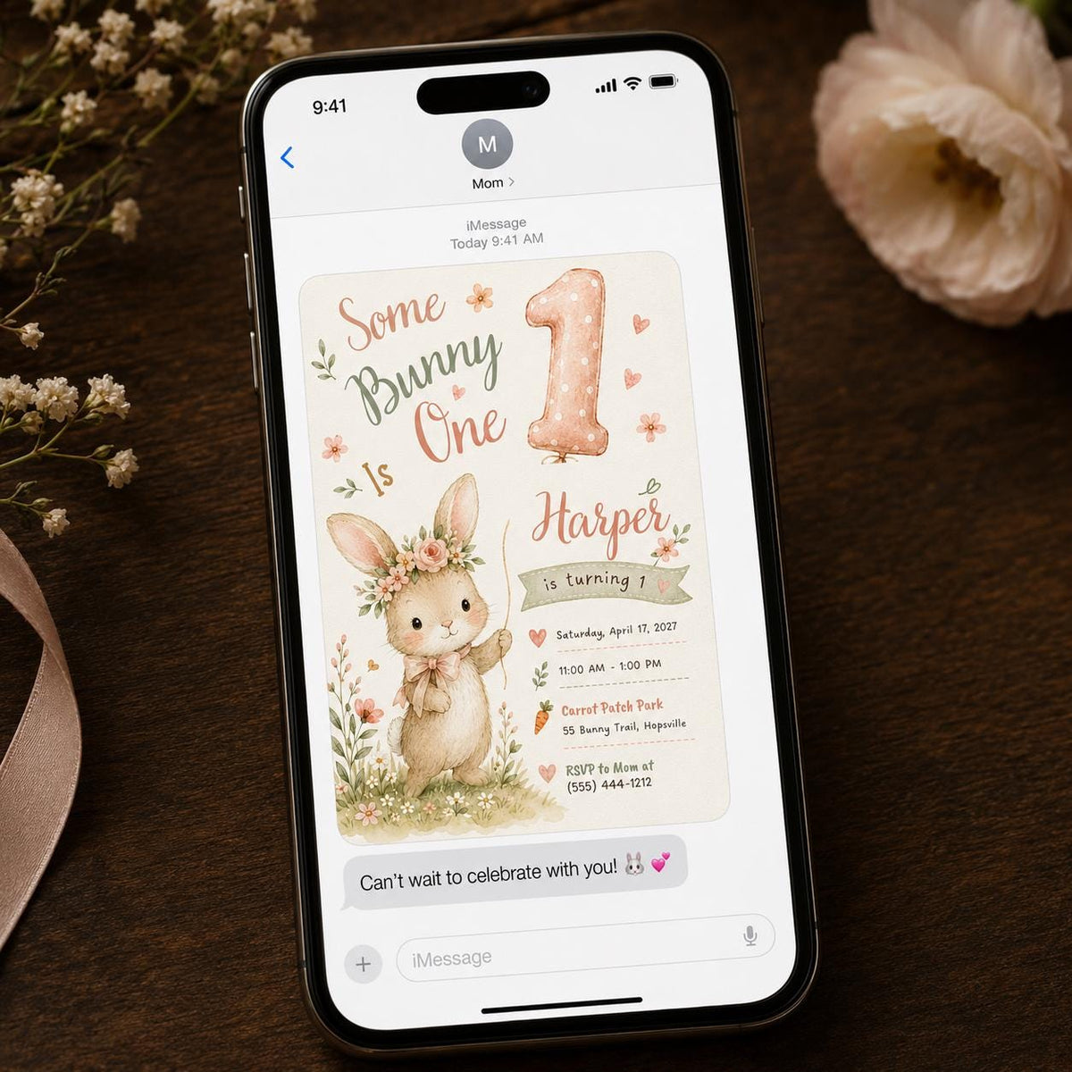 Some Bunny Is One Invitation, Girl First Birthday Invite, Floral Rabbit Spring Party Printable Editable, Canva Template