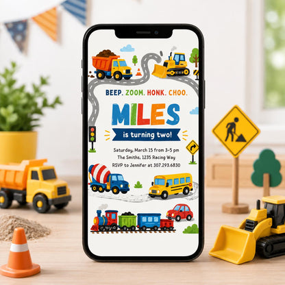 Beep Zoom Honk Choo Transportation 2nd Birthday Invitation — invitation you personalize in Canva
