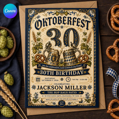 Beer 30th Birthday Oktoberfest Invitation — editable Canva template
