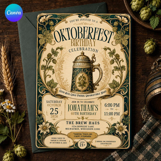 Beer 40th Birthday Oktoberfest Invitation — editable Canva template