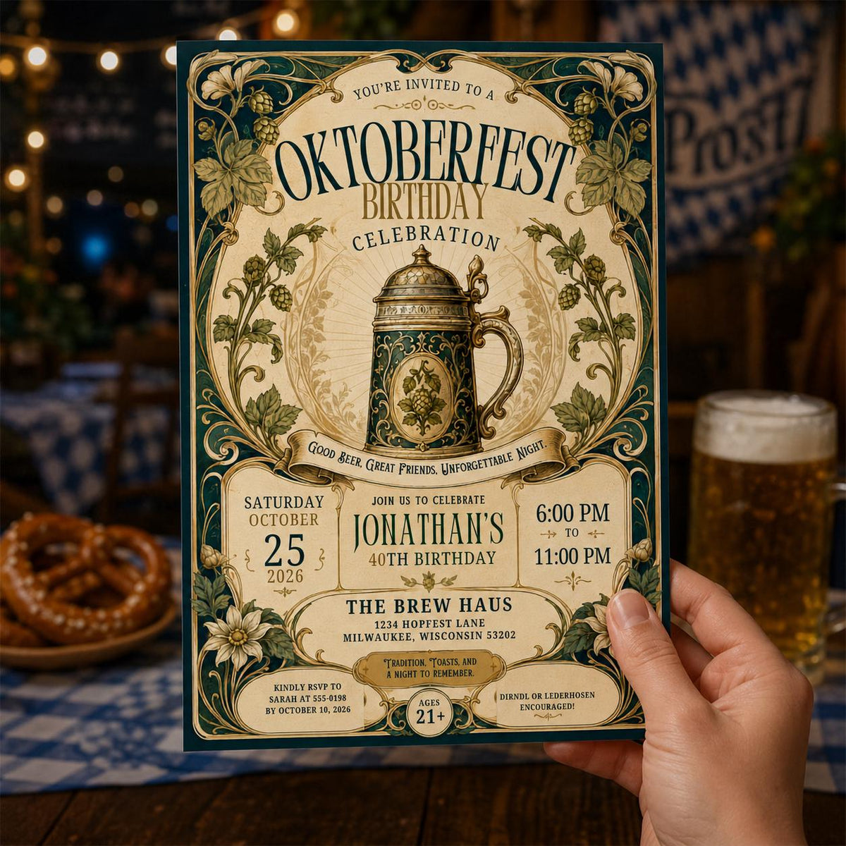 Beer 40th Birthday Oktoberfest Invitation — invitation you personalize in Canva