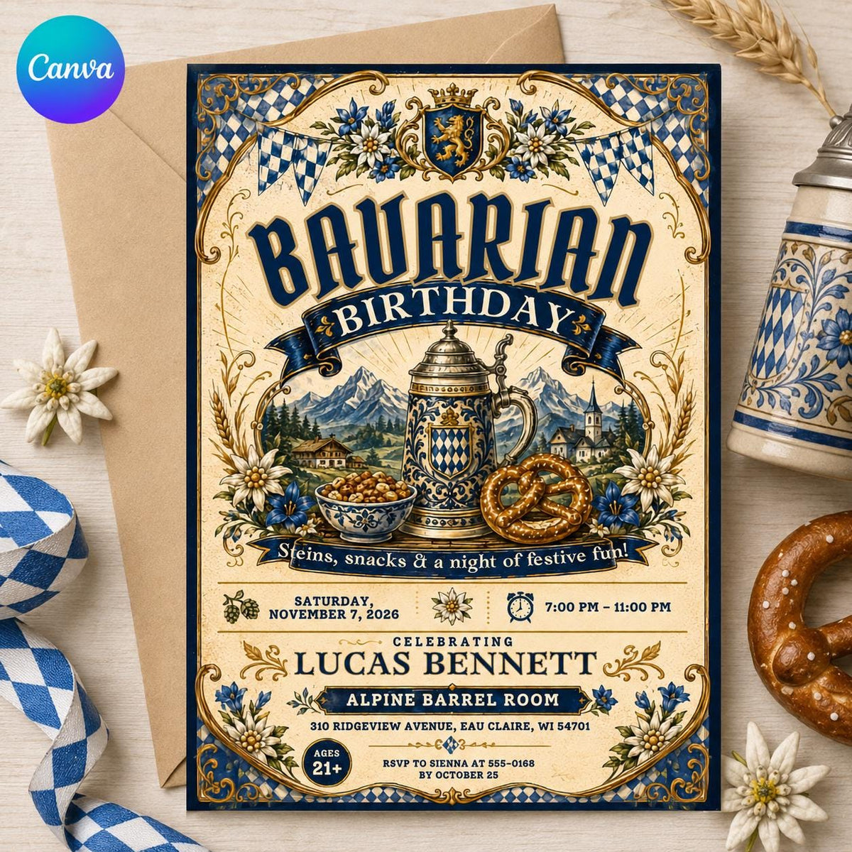Beer Bavarian Birthday Invitation — editable Canva template