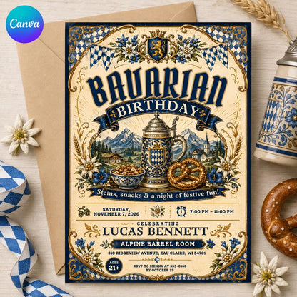 Beer Bavarian Birthday Invitation — editable Canva template