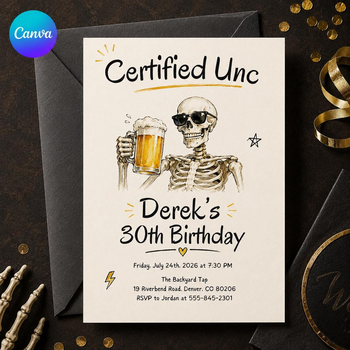 Beer Certified Unc 30th Birthday Invitation — editable Canva template