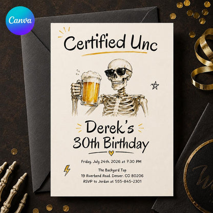 Beer Certified Unc 30th Birthday Invitation — editable Canva template