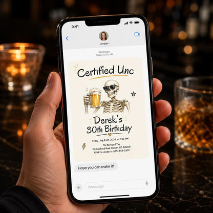 Beer Certified Unc 30th Birthday Invitation — skeleton design