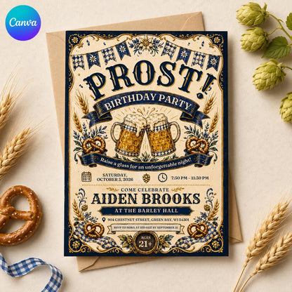 Beer Oktoberfest Birthday Invitation — editable Canva template