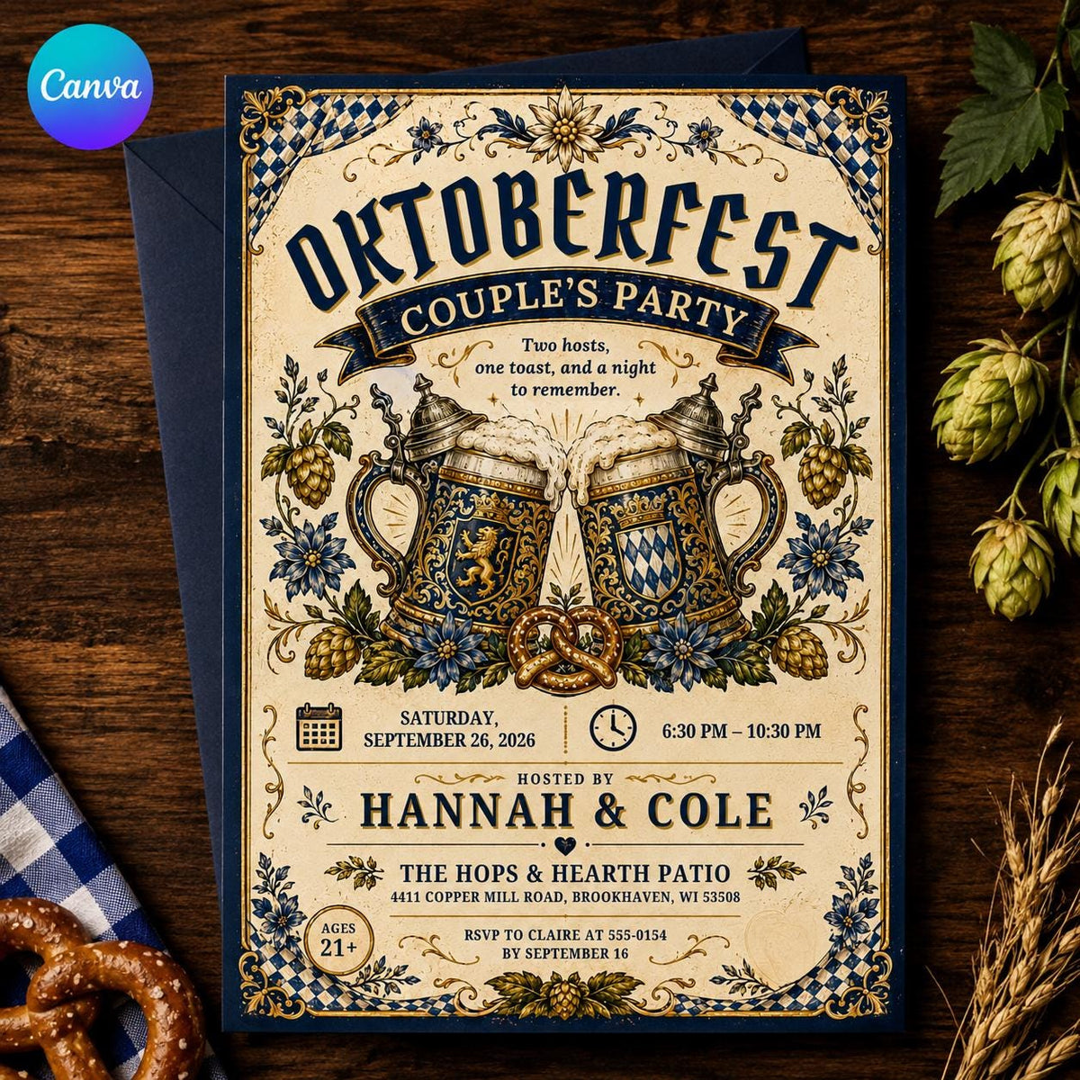 Beer Oktoberfest Couples Party Invitation — editable Canva template