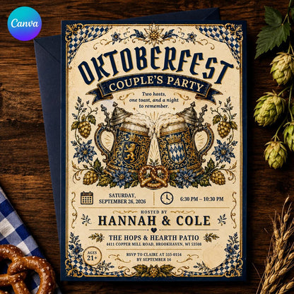 Beer Oktoberfest Couples Party Invitation — editable Canva template