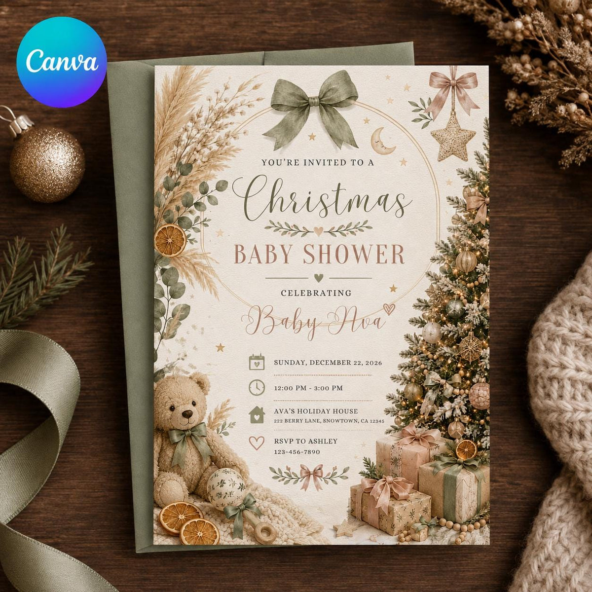 Beige and Neutral Christmas Baby Shower Invitation — editable Canva template