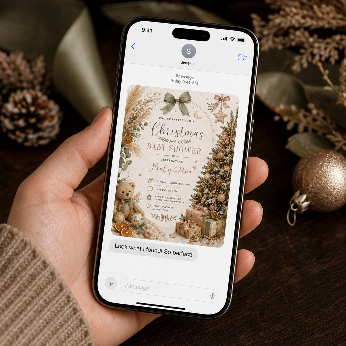 Beige and Neutral Christmas Baby Shower Invitation — teddy bear design