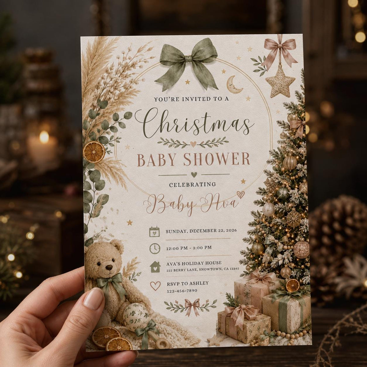 Beige and Neutral Christmas Baby Shower Invitation — invitation you personalize in Canva